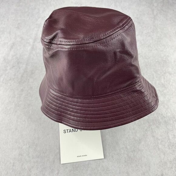 STAND STUDIO Vida Bucket Hat Burgundy Faux Leather Grained Womens S NEW! - Picture 1 of 9
